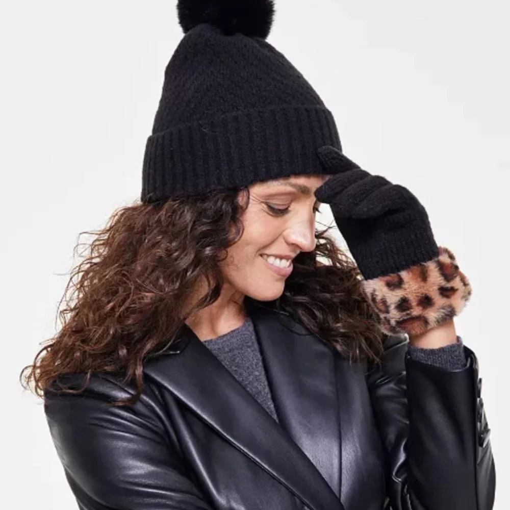 INC International Concepts Leopard Faux Fur Trim Gloves Ribbed Knit Pom Beanie